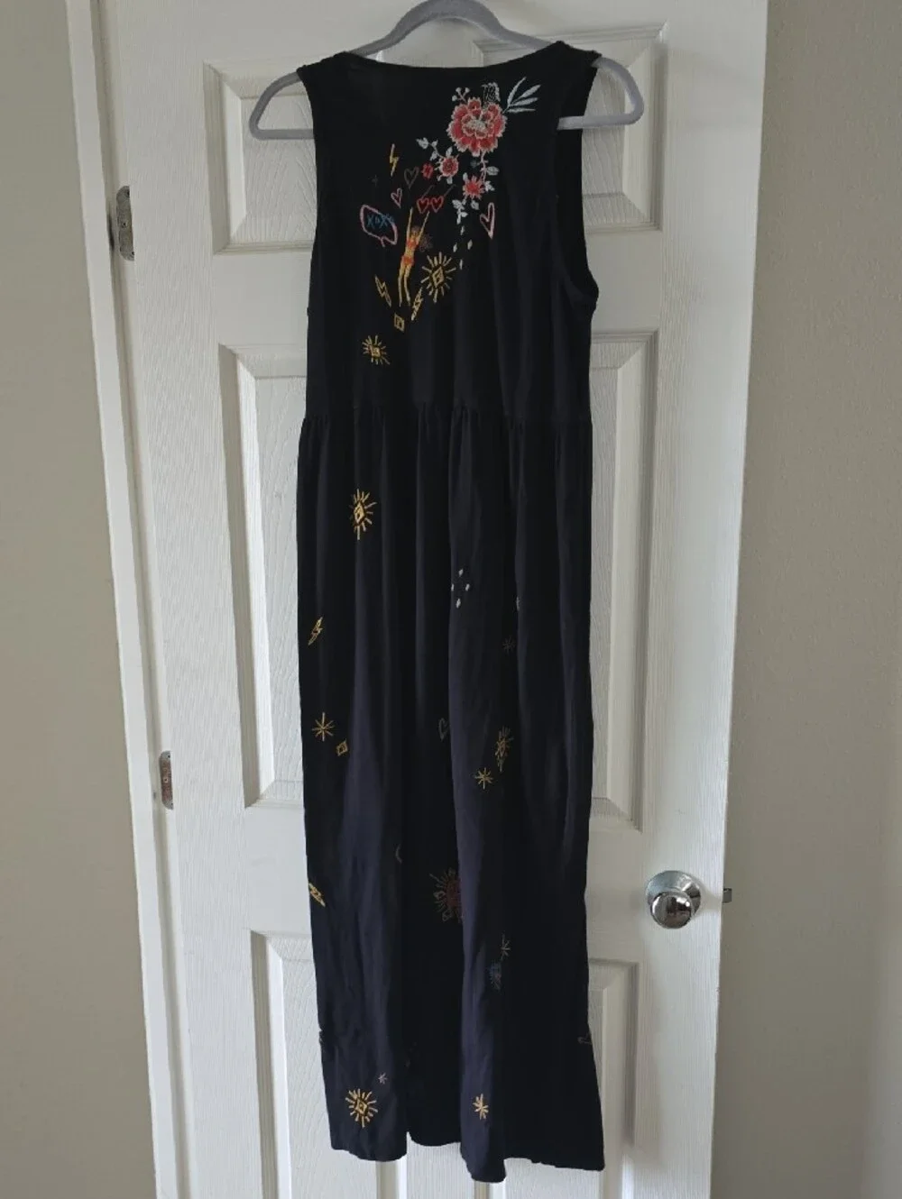 Johnny Was Black Maxi Dress with Multicolor Embroidery